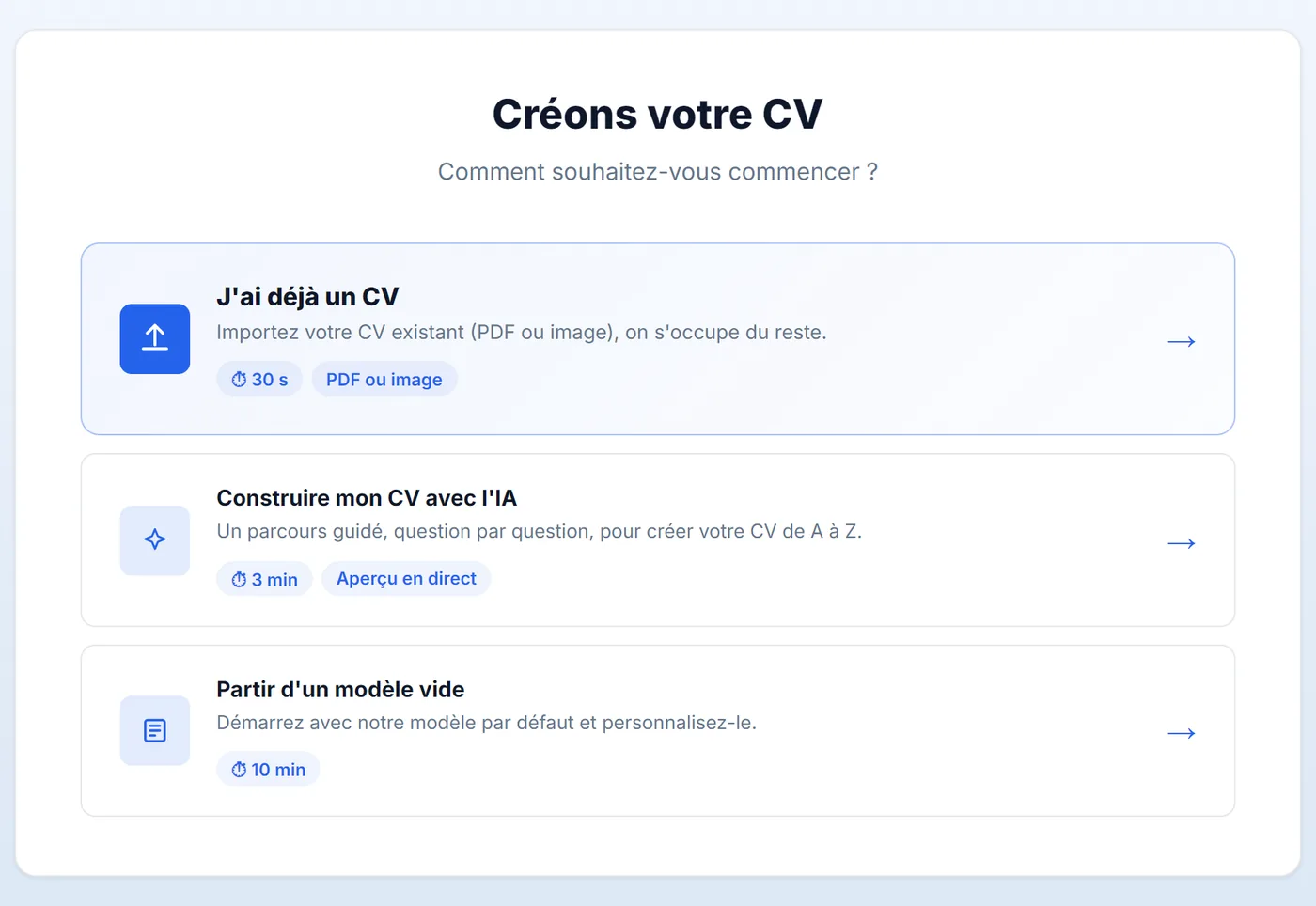 Écran de démarrage : importer, construire avec l'IA ou partir d'un modèle
