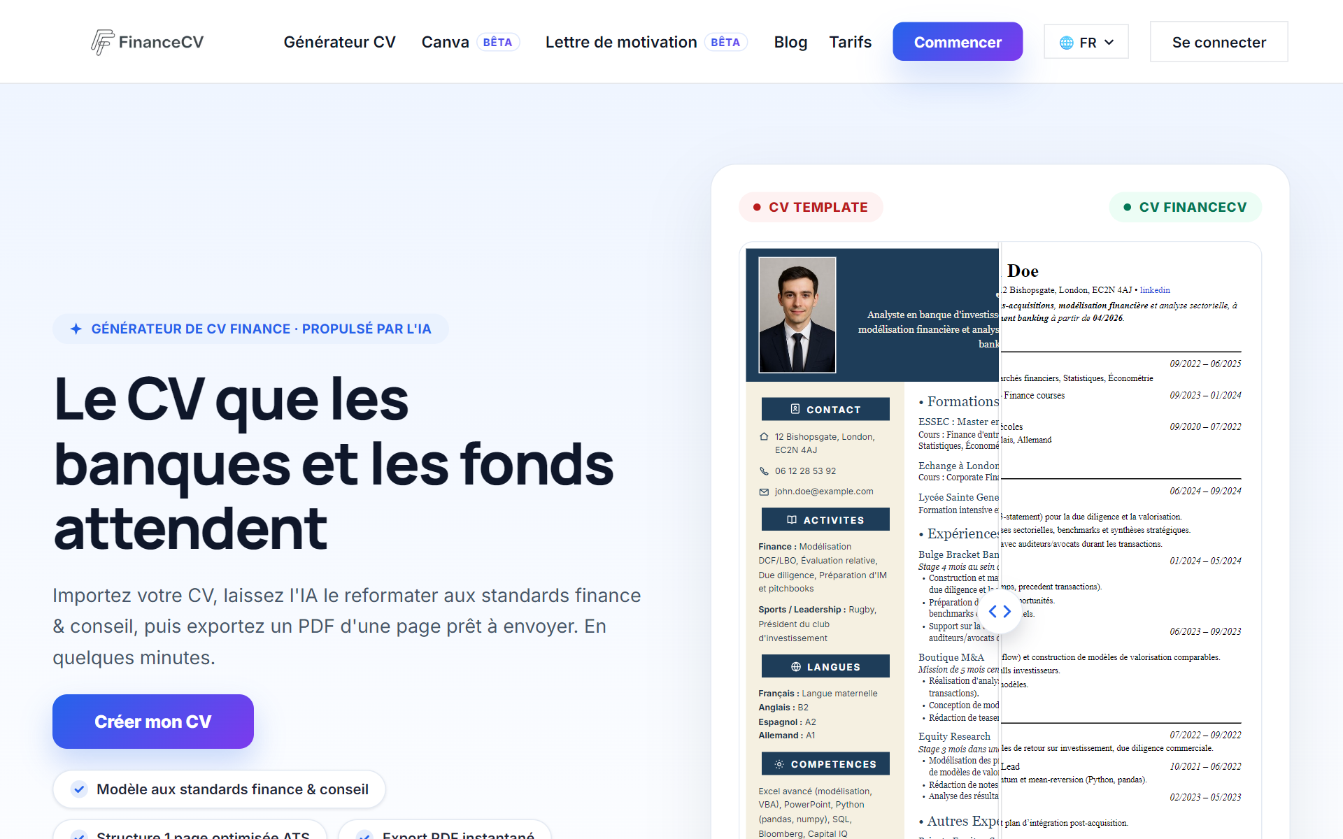 Page d'accueil de FinanceCV