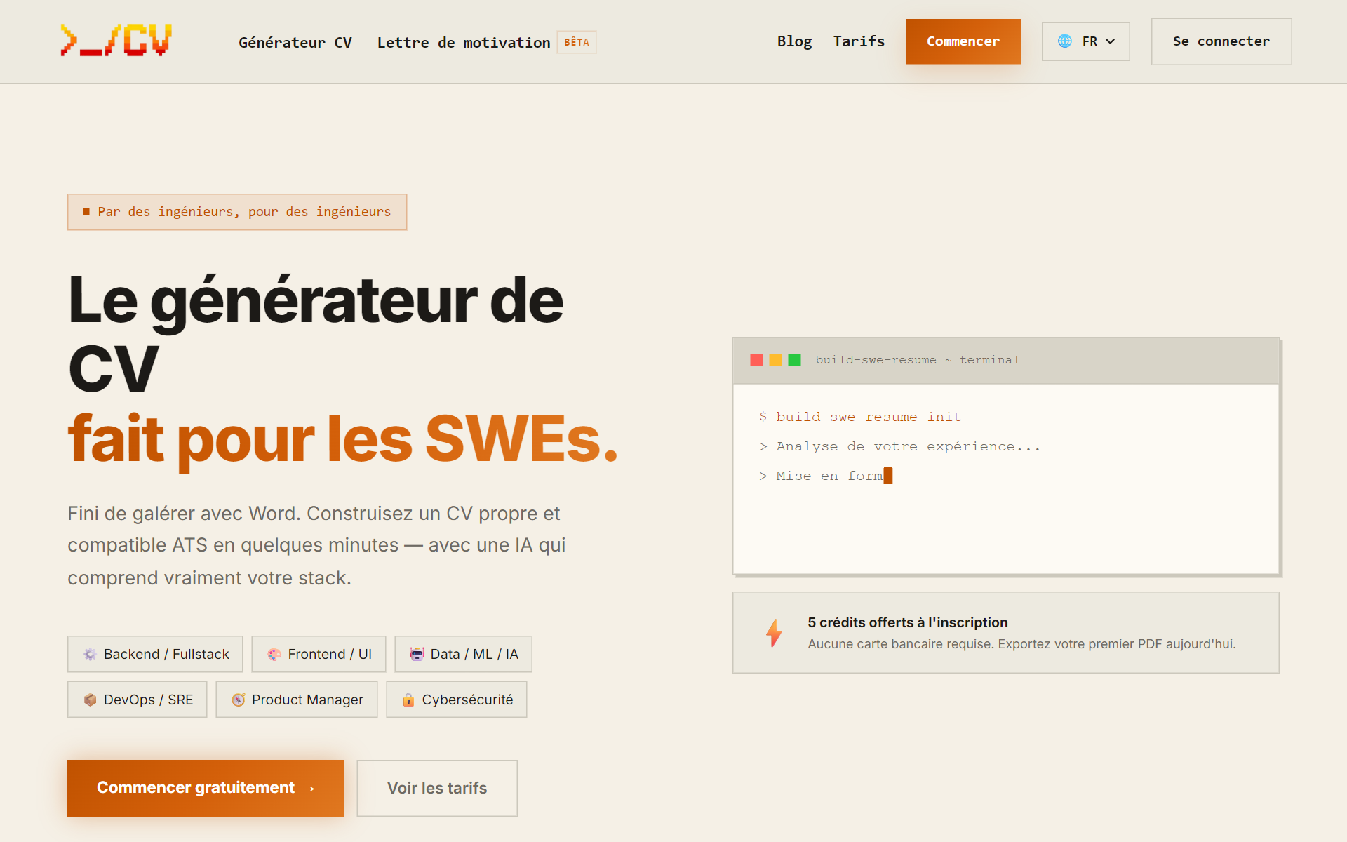 Page d'accueil de Build SWE Resume